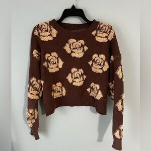 Brown Floral Rose Pattern Cropped Knit Sweater, Medium / Large